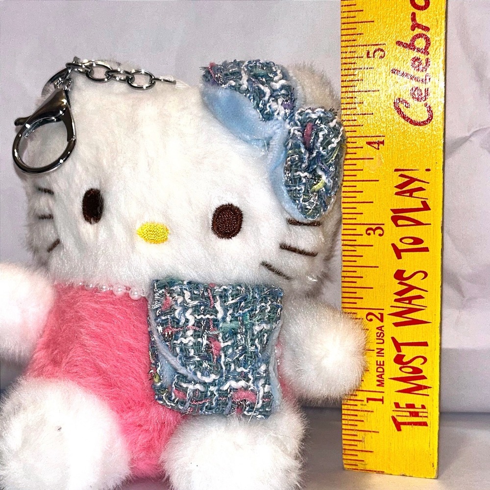 Kawaii Cat Plush Keychain Blue Tweed Bow Purse Charm 4" Cute - Picture 5 of 5